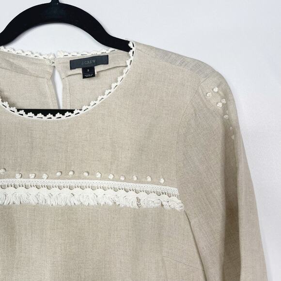 J Crew Womens Size 2 Cream White Embroidered Linen Top with Pom Poms Crew Neck - Picture 3 of 12